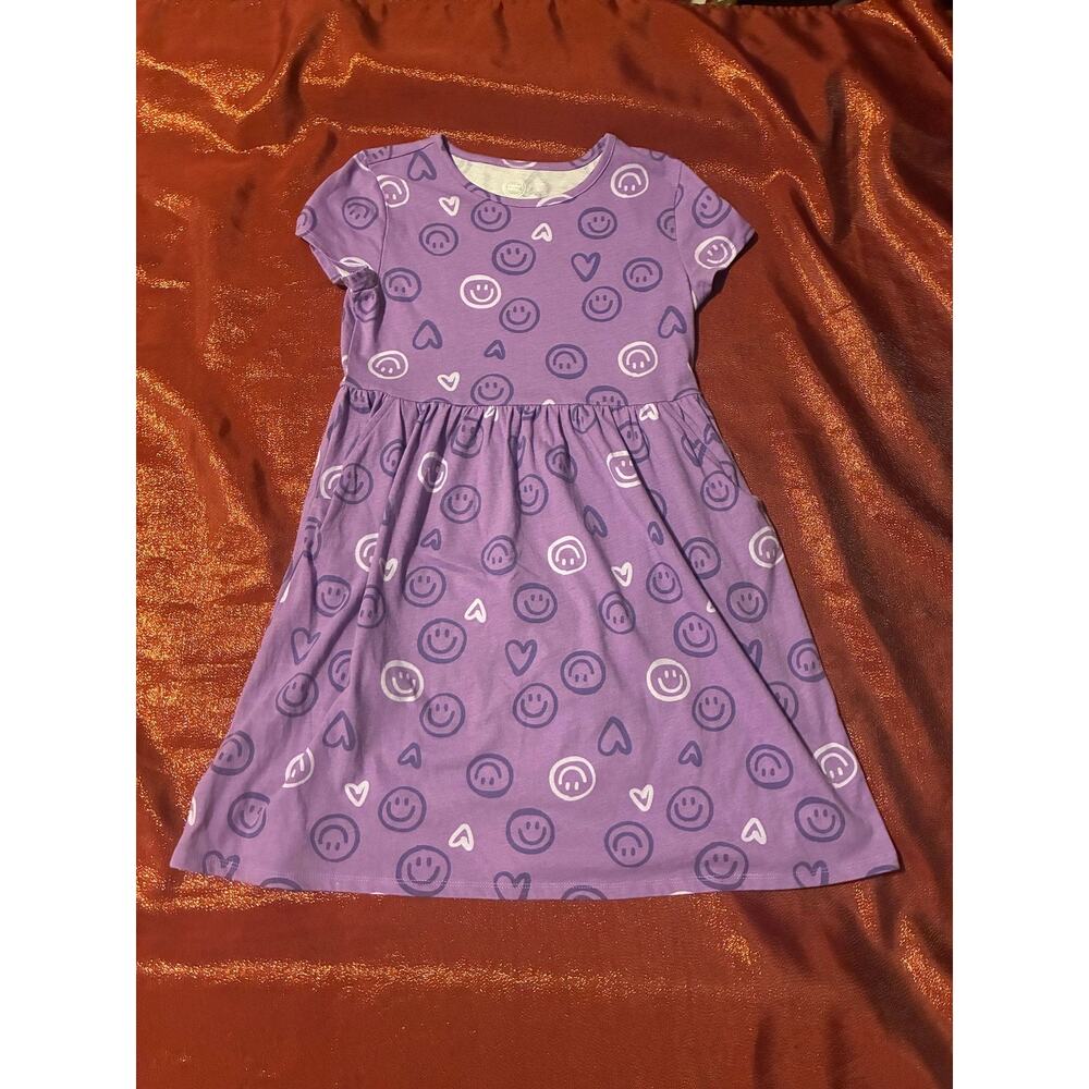 Wonder Nation Dress Girls L 10-12 Purple Smiley Face Short Sleeve Gathered Waist